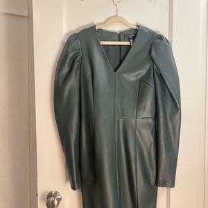 AQUA Bottle Green Faux Leather Puffed Long Sleeve Zip Back Mini Dress 0